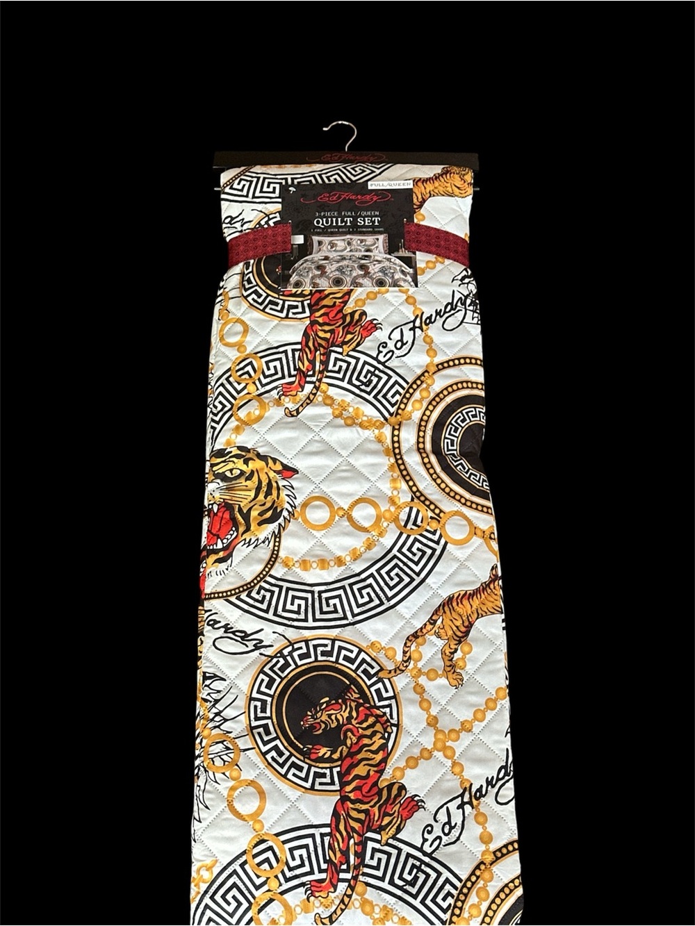 NEW Ed Hardy 3pc FULL/QUEEN Reversible Quilt & Shams Set Medallions &Tigers